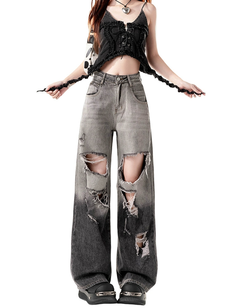 Gradient Ripped Wide-leg Jeans