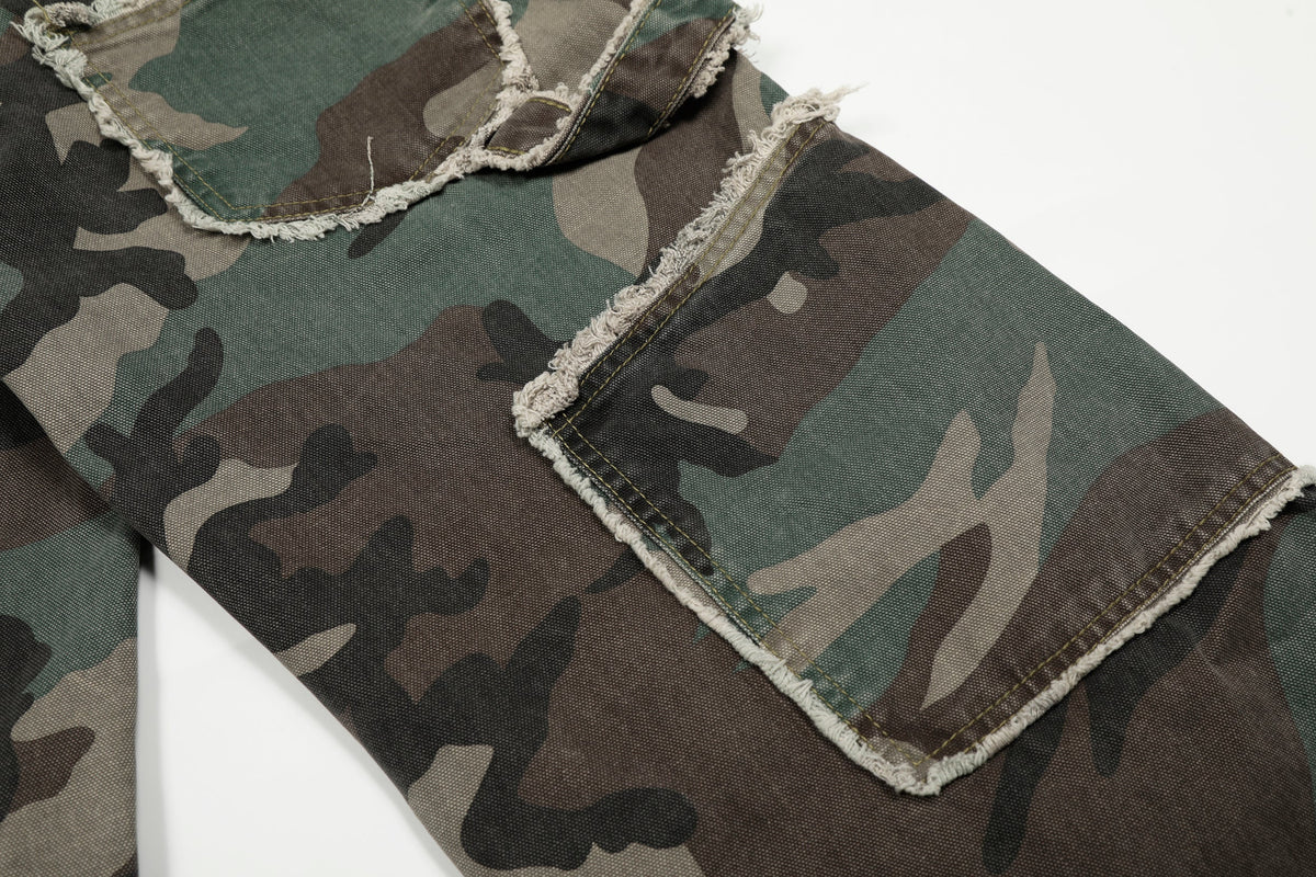 Calça Jeans Cargo Camuflada de Cintura Dupla Madxmarx