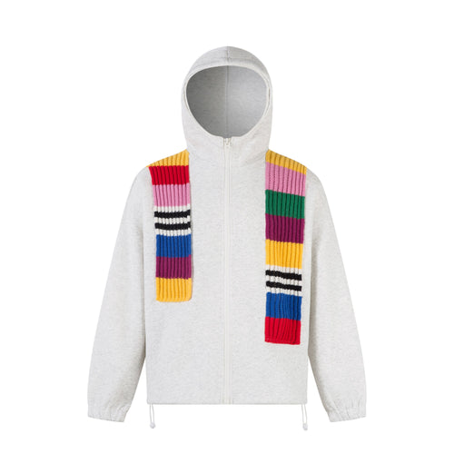 Madxmarx Color-Block Scarf Hooded Zip Jacket - S / Grey
