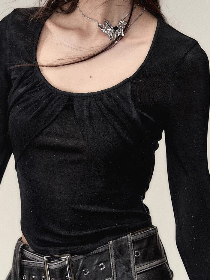 Big U-Neck Lace Long Sleeve T-Shirt