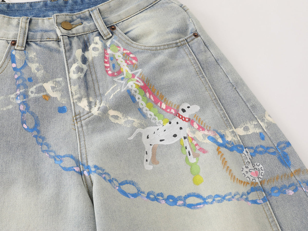 Madxmarx Handbemalte weite Jeans mit Grafik-Print