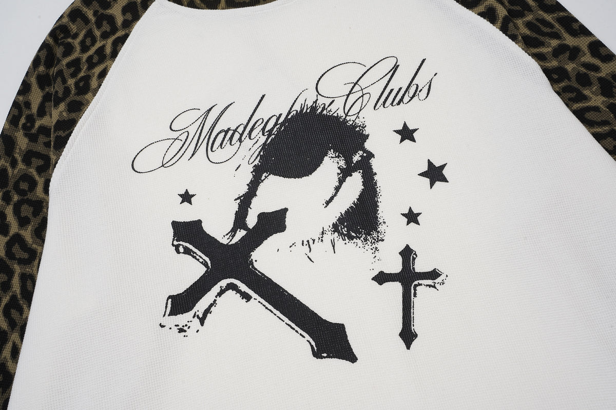 Madxmarx Leopard Sleeve Cross Graphic Long Sleeve Tee