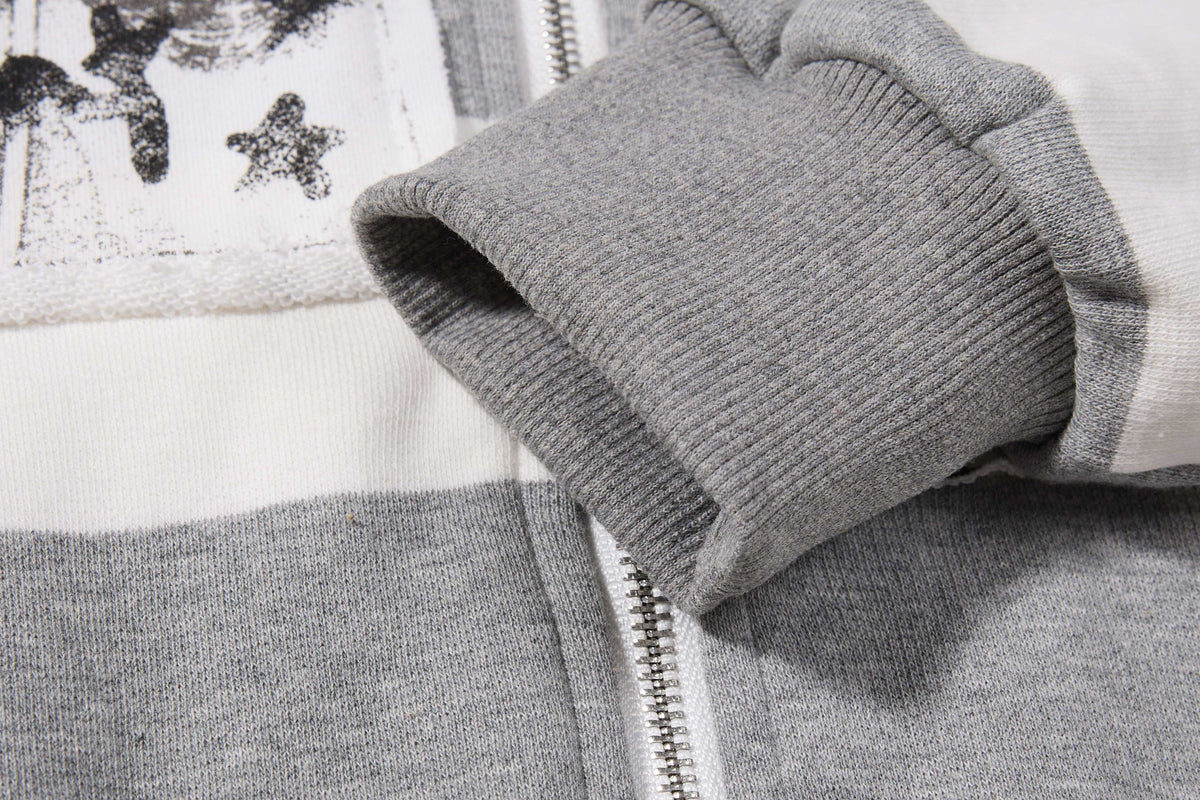Madxmarx Striped Patchwork Graphic Zip-Up Hoodie