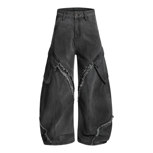 Madxmarx Washed Frayed Curved Cargo Jeans - XS / Grey