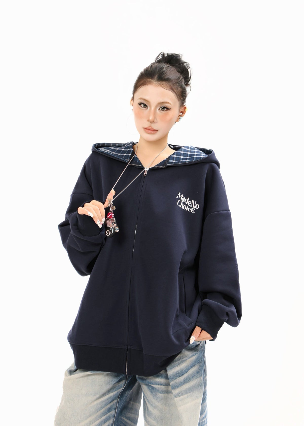 Madxmarx Plaid-Lined Minimal Zip Hoodie