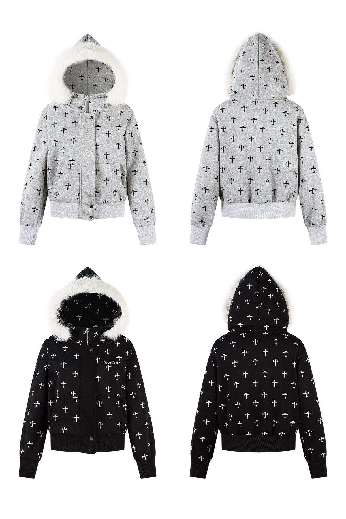 Madxmarx Cross Print Faux Fur Hooded Jacket