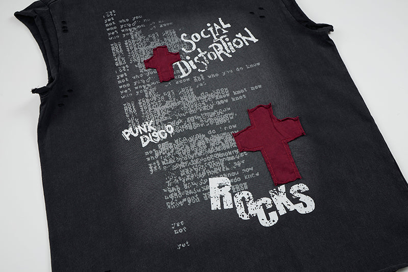 Madxmarx Distressed Cross Graphic Sleeveless T-Shirt