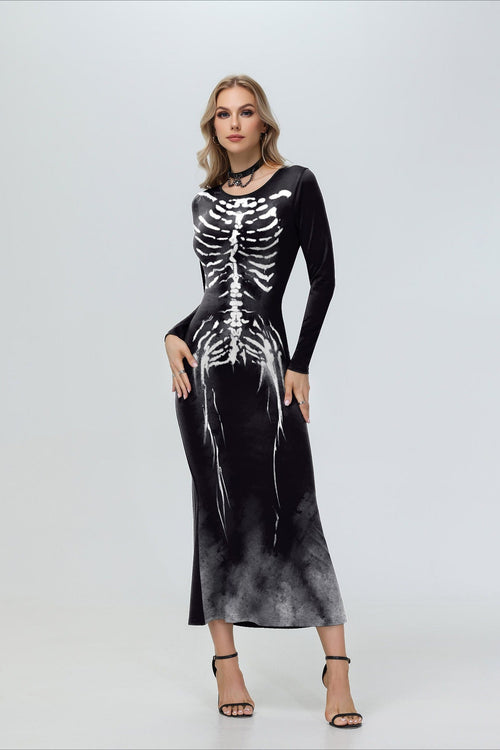 Vestido Longo de Halloween com Estampa de Esqueleto - S / Preto