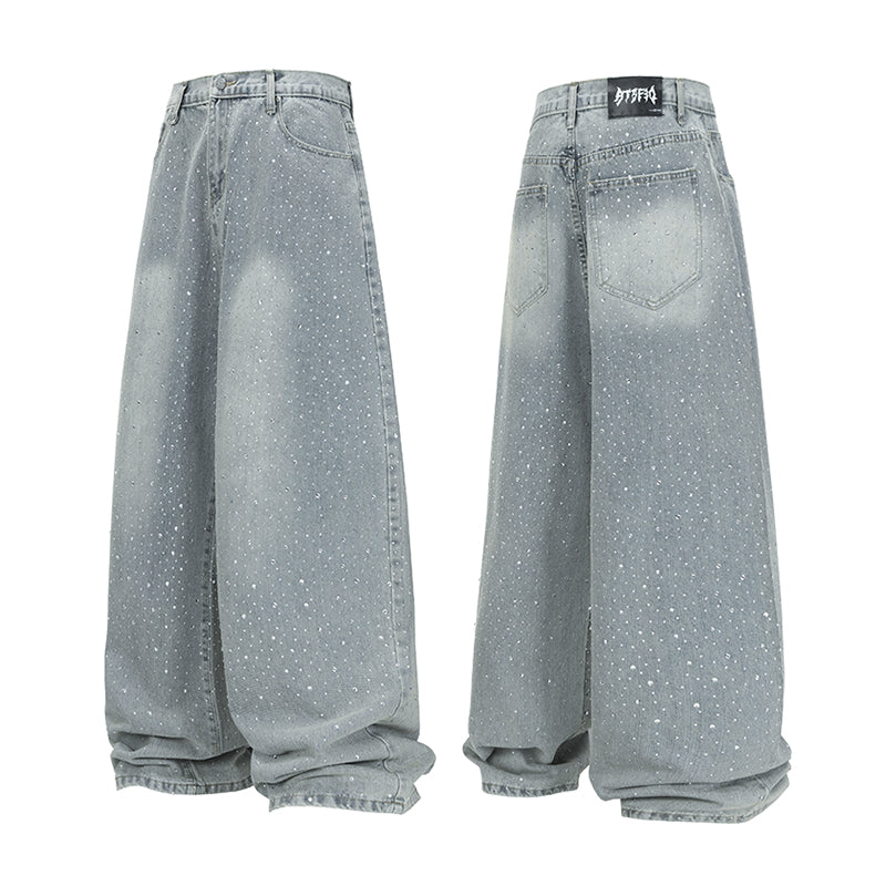 Calça Jeans Wide-Leg Madxmarx Lavagem Clara com Strass