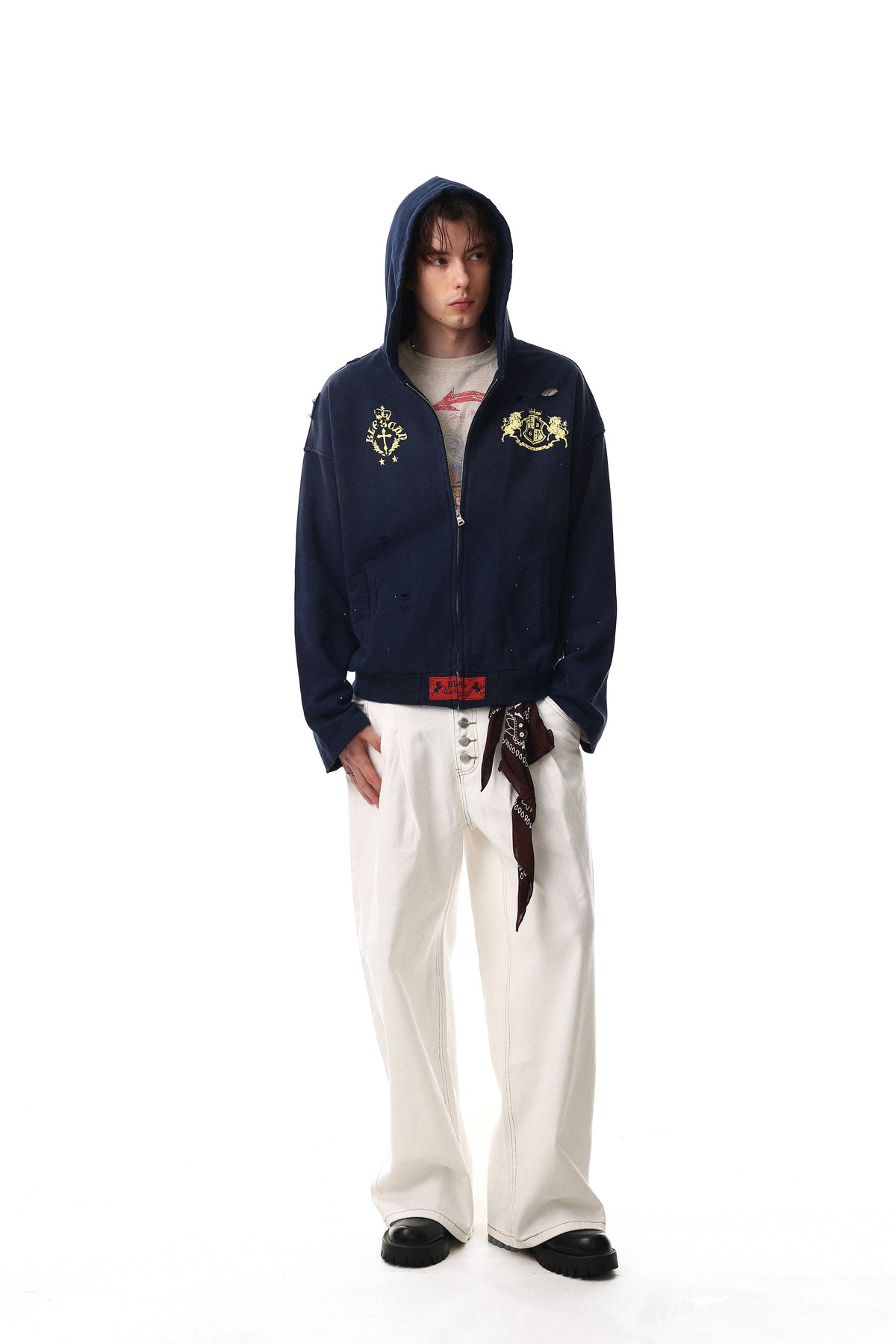 Madxmarx Distressed Crest Zip-Up Hoodie