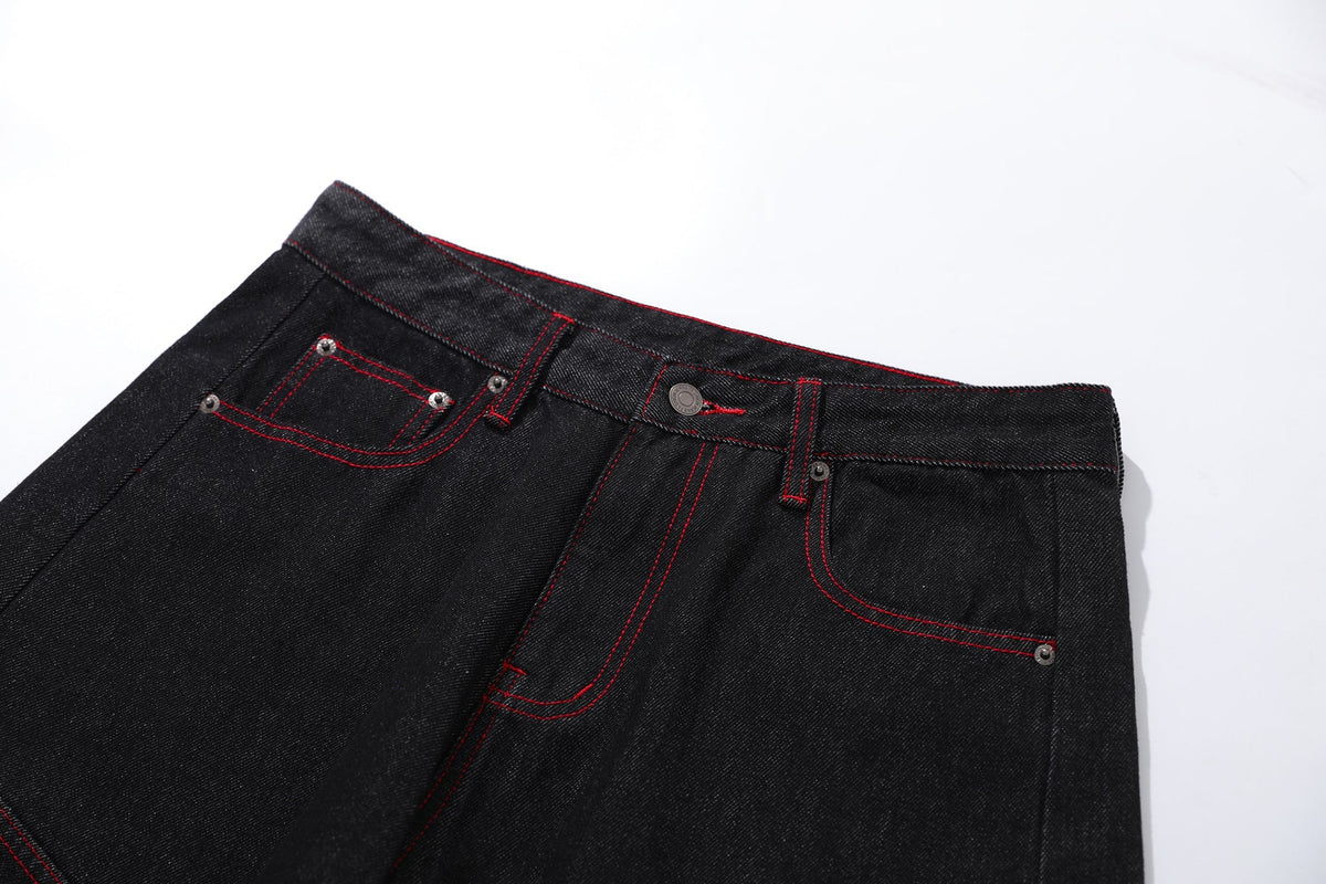 Pantalon cargo en jean incurvé à surpiqûres rouges Madxmarx