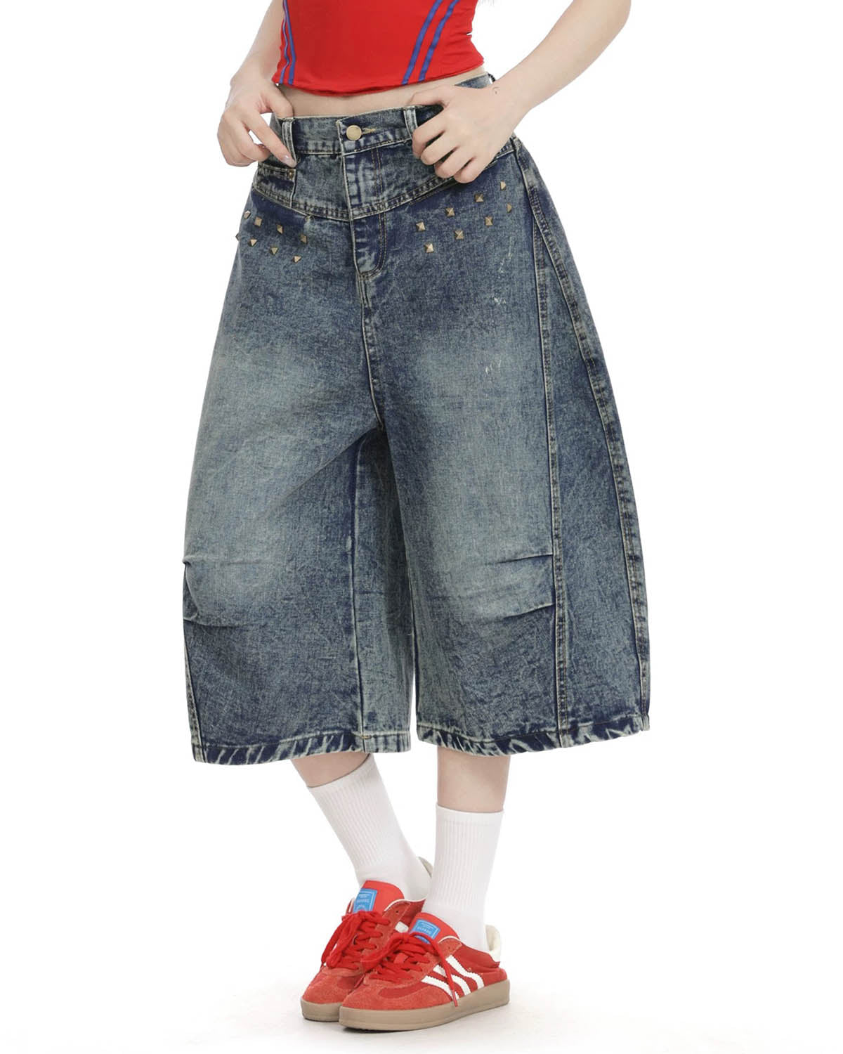 Studded Washed Long Baggy Jorts