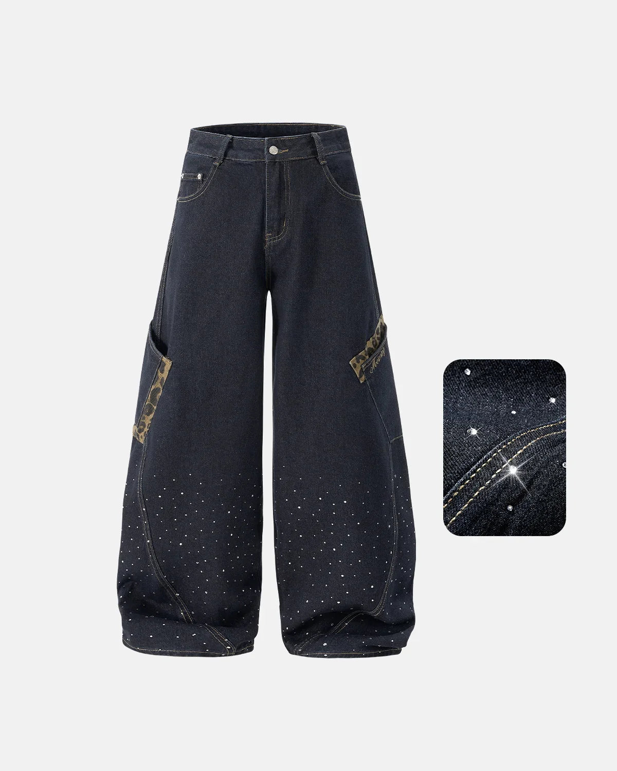 Vaqueros Barrel con Parche de Leopardo y Diamantes de Imitación