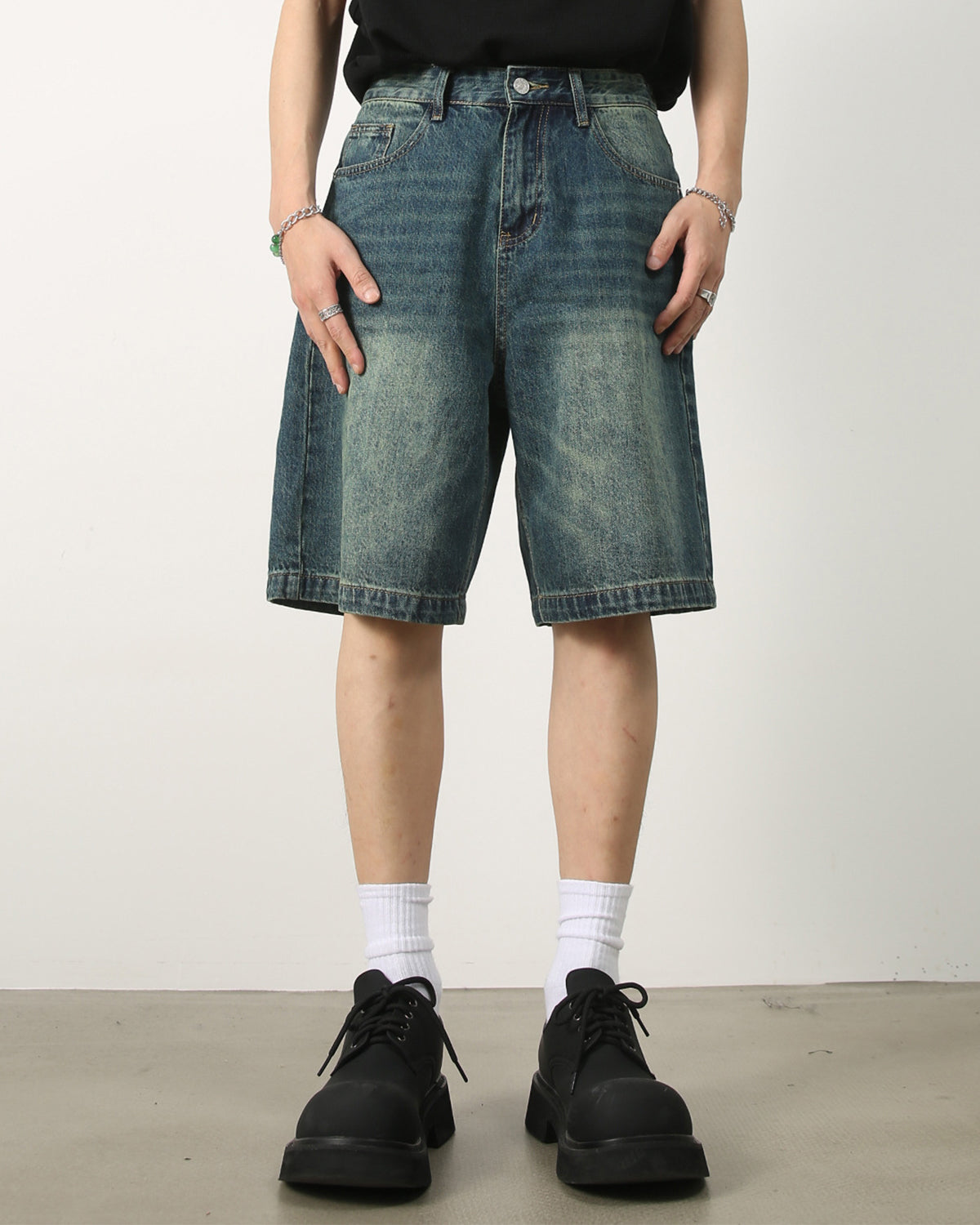 Washed Knee-Length Denim Shorts