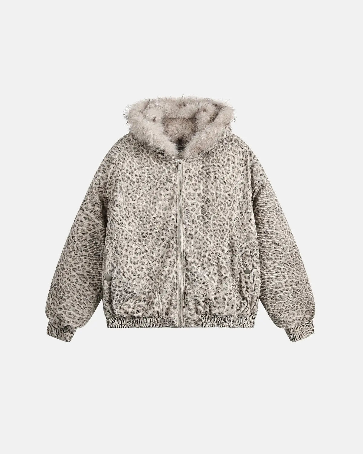 leopard patterned bomber jacket with elastic hem and cuffs