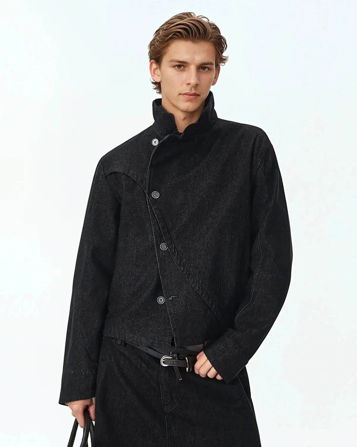 Cropped Asymmetric Button Denim Jacket