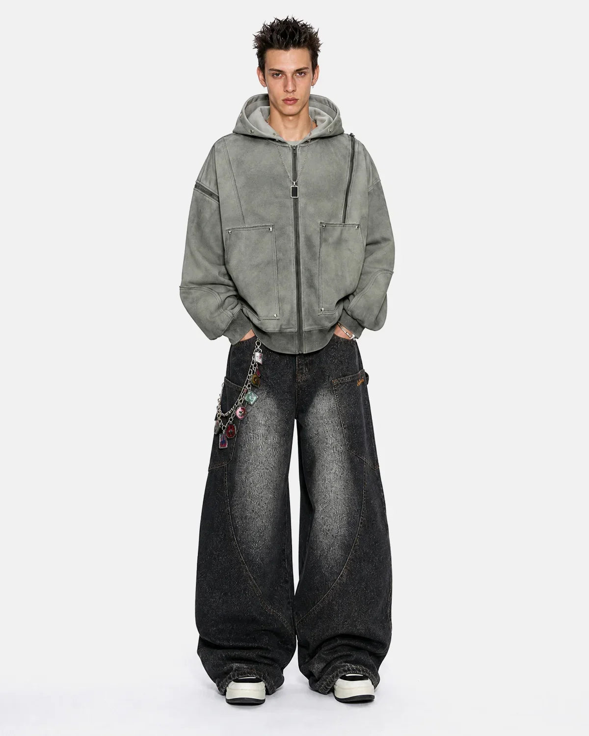 Dirty Washed Studded Boxy Zip Up Hoodie