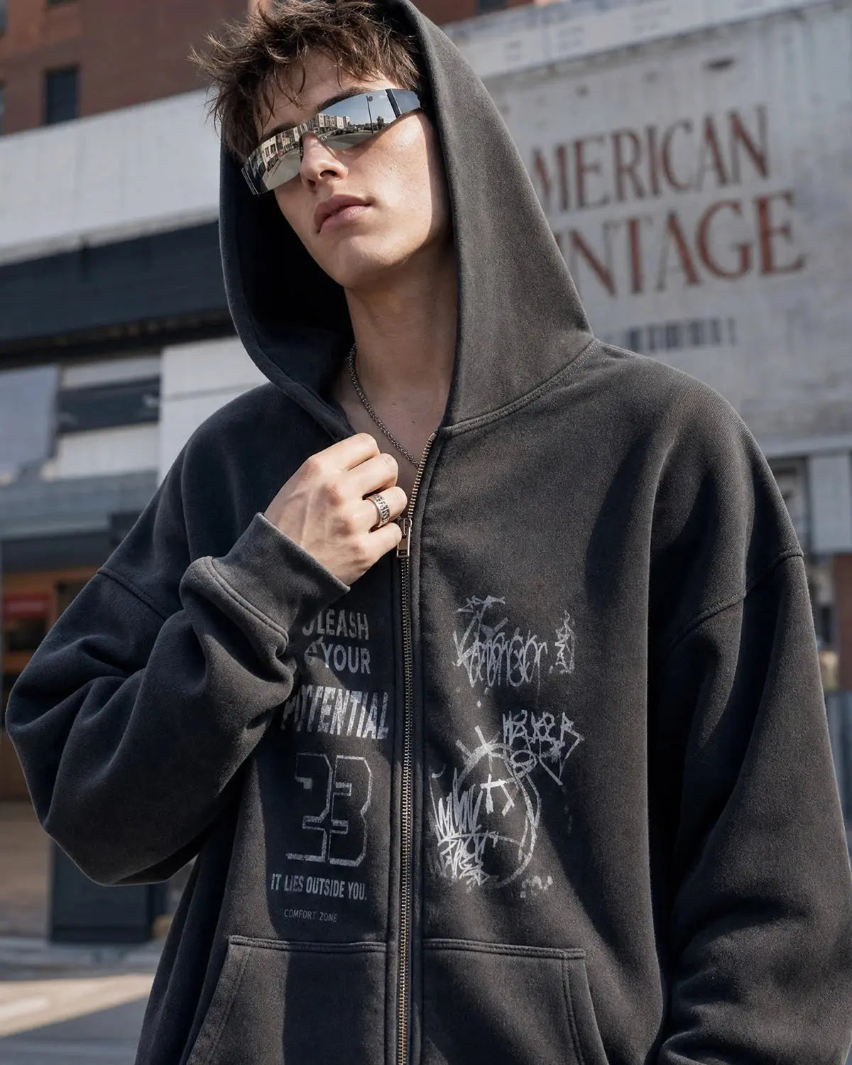 Graphic Washed Zip Up Hoodies