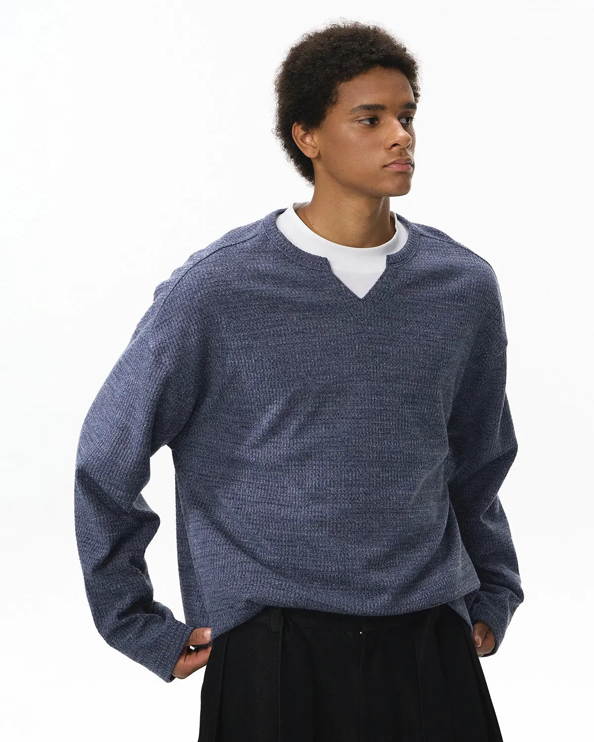 V-neck Long Sleeve Waffle Tees