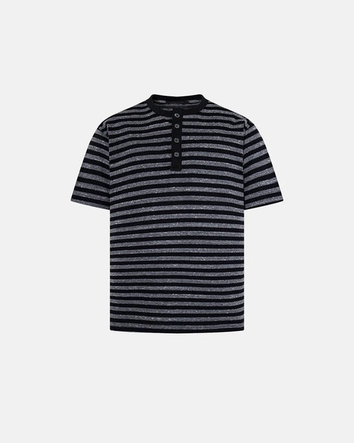 Striped Henley Relaxed T-shirt - Black / M
