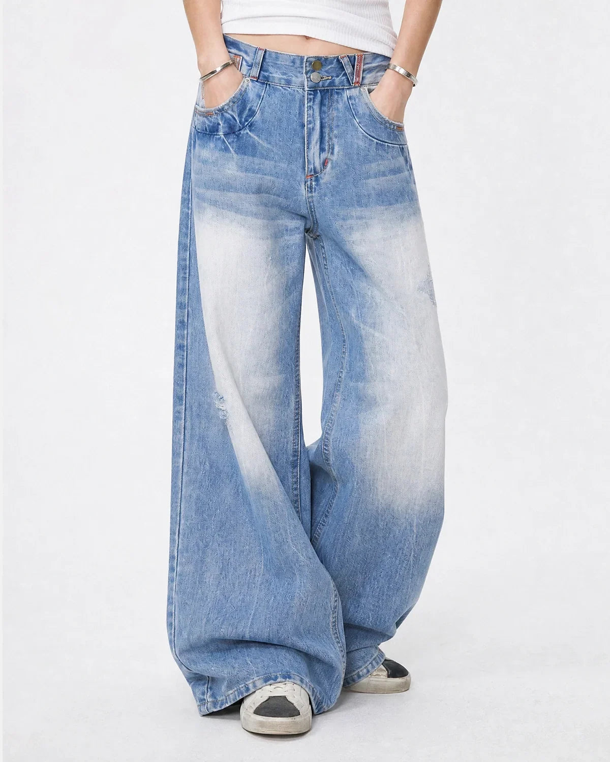 Calça Jeans Baggy com Costura Multicolorida