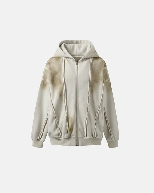 Distressed Panel Zip Up Hoodie - Apricot / S