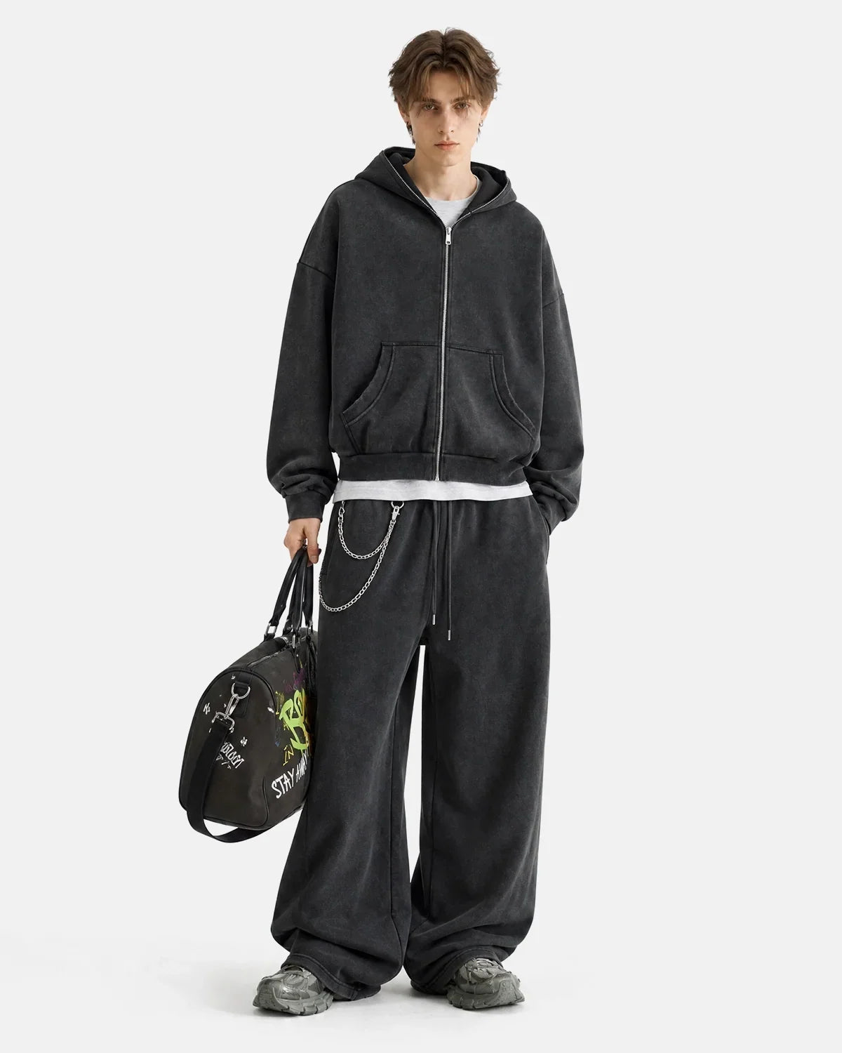 full body styling with washed black zip hoodie