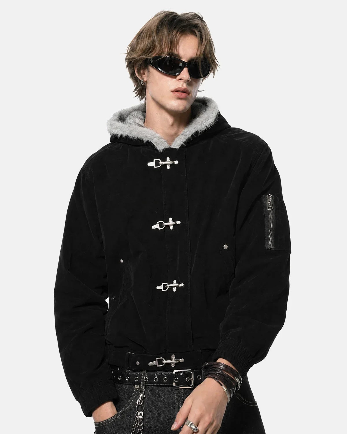 Faux Fur Lined Clasp Bomber Jacket