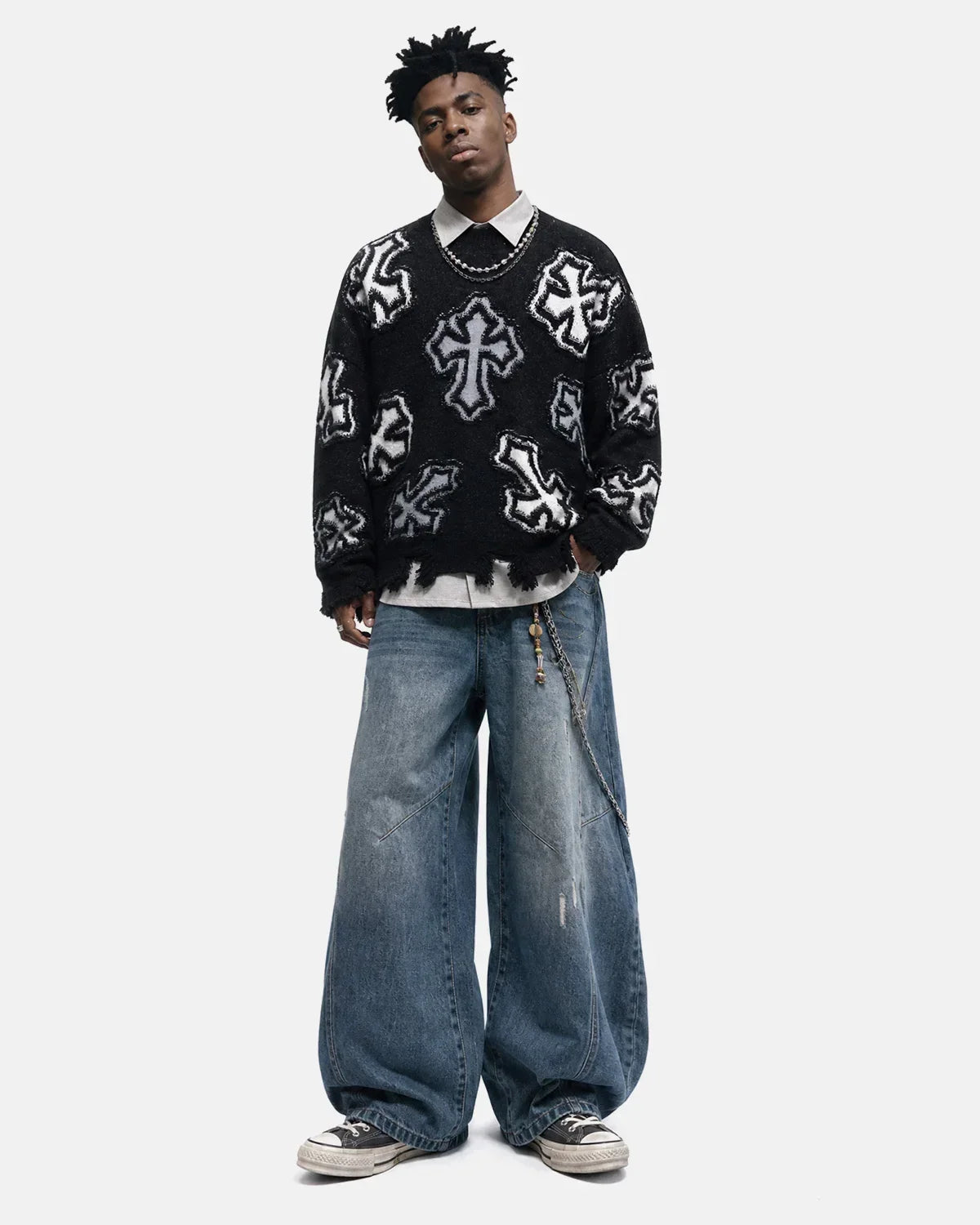 Distressed Cross Graphic Knit Sweater