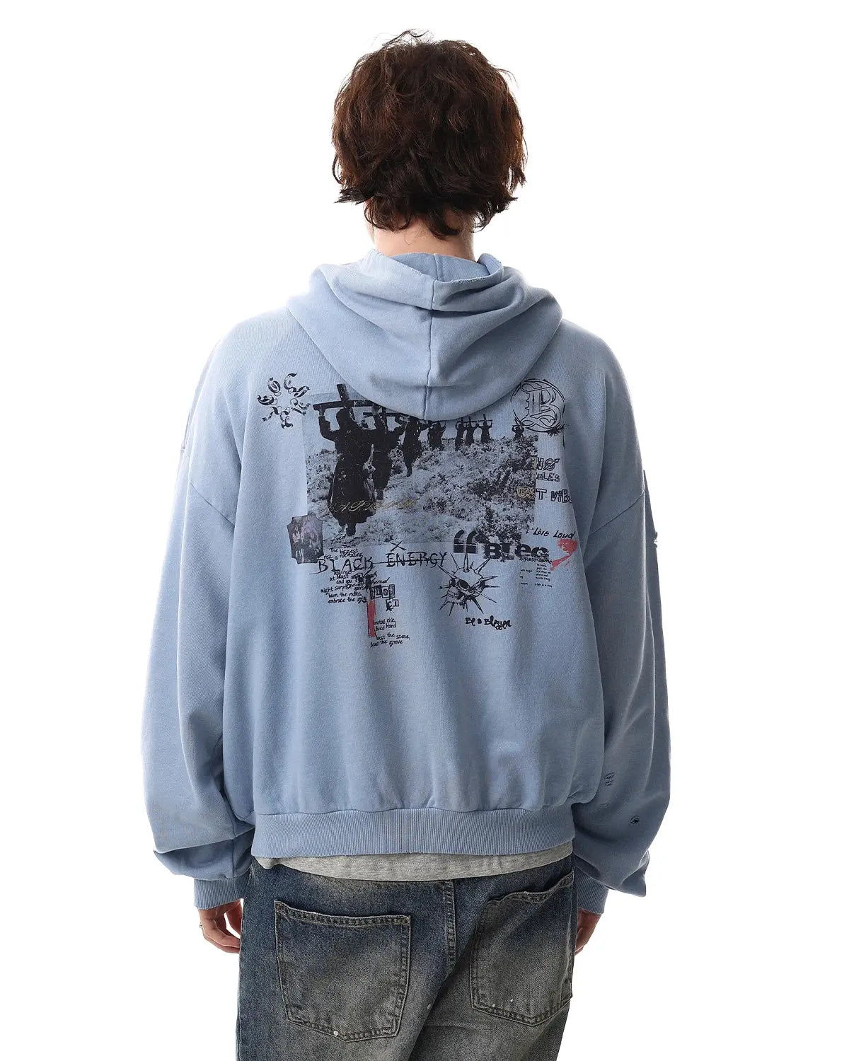 Graffiti Character Distressed Washed Zip Hoodies