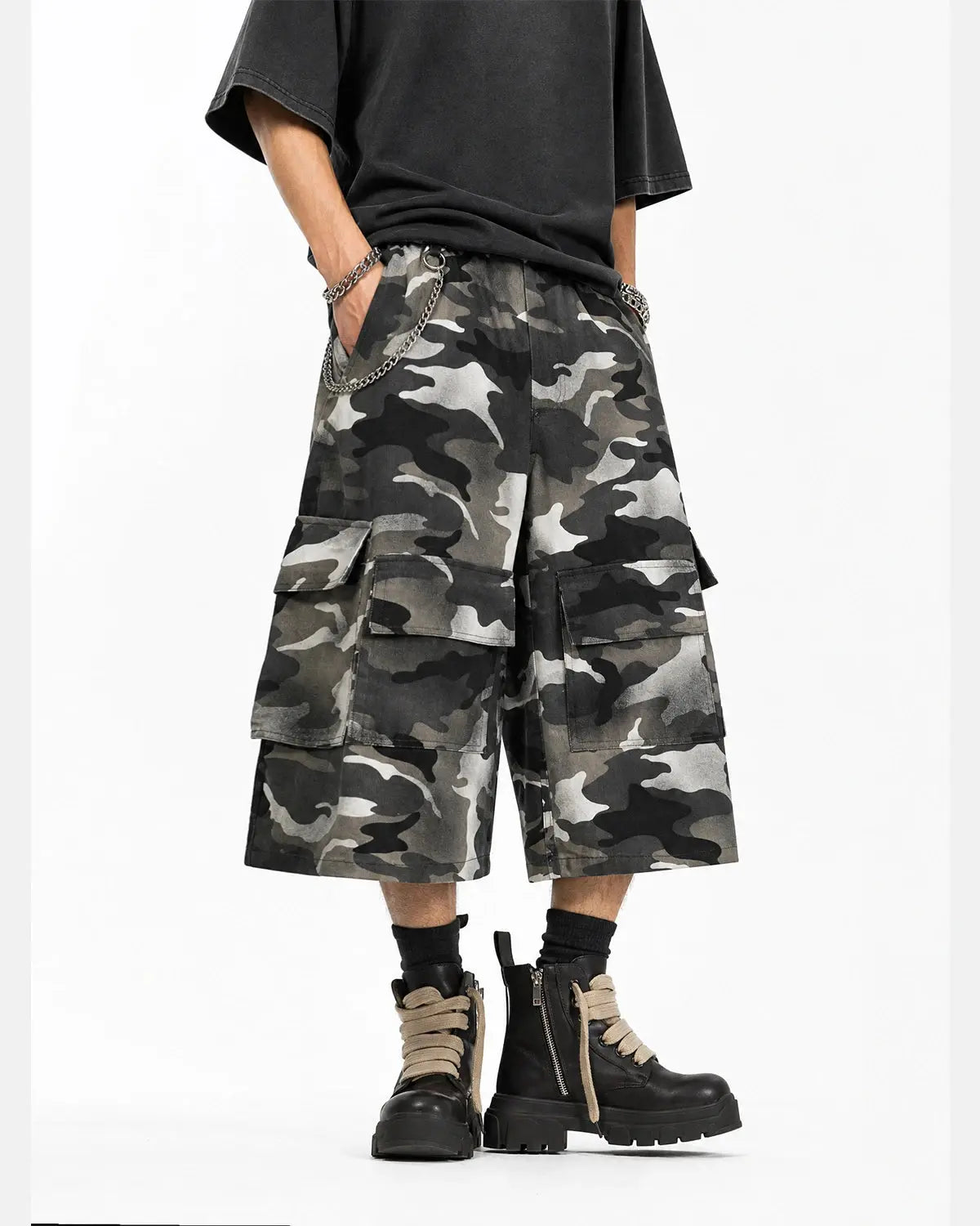 Grey Camo Utility Longline Shorts