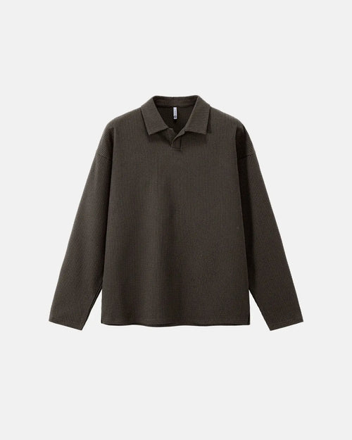 Waffle Long Sleeve Polo Shirts - dark coffee / M