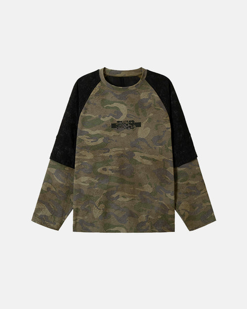 Lace Patchwork Camo Raglan Long Sleeve Tee - Camo / M