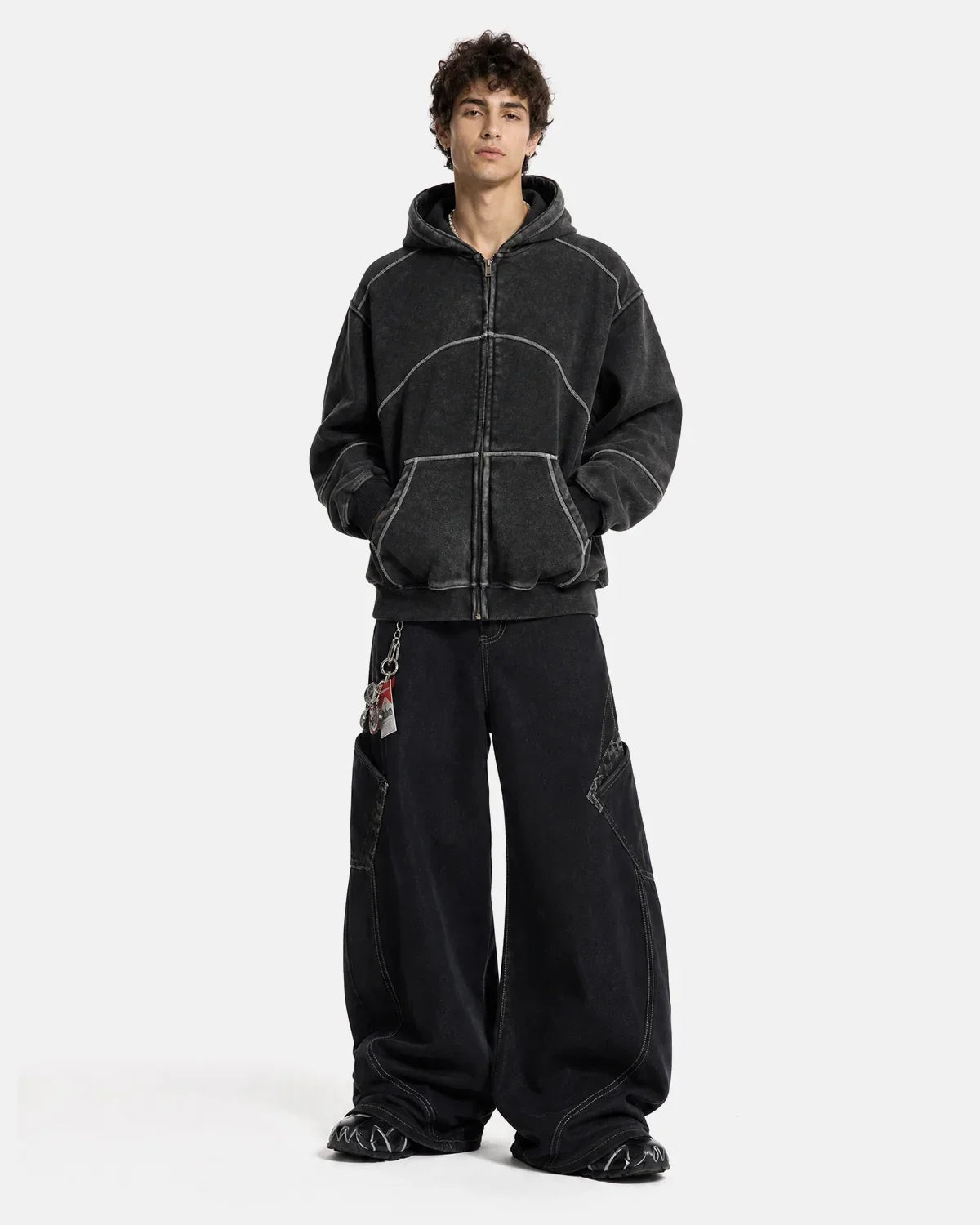 Contrast Stitch Boxy Zip Up Hoodie