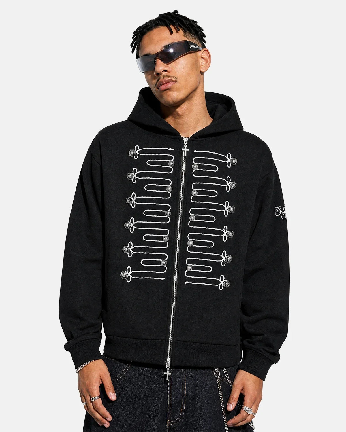 Braided Embroidery Boxy Zip Up Hoodie