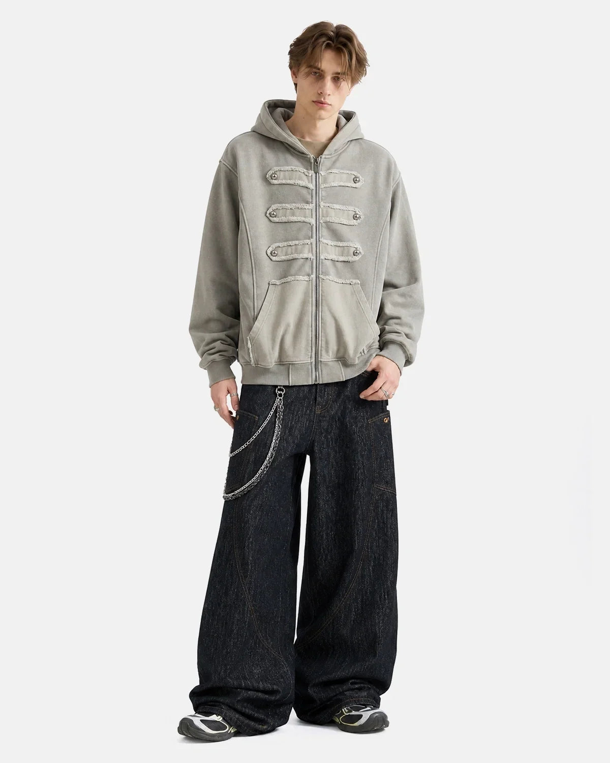 Washed Studded Boxy Zip Up Hoodie