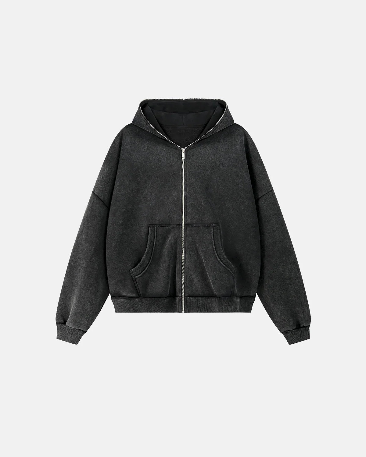 front product view of black washed full zip hoodie