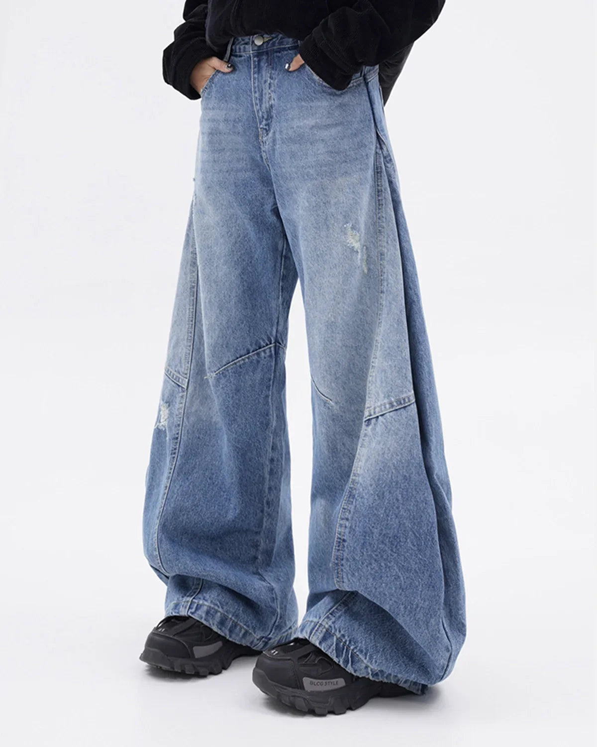 Acid Washed Distressed Barrel Jeans