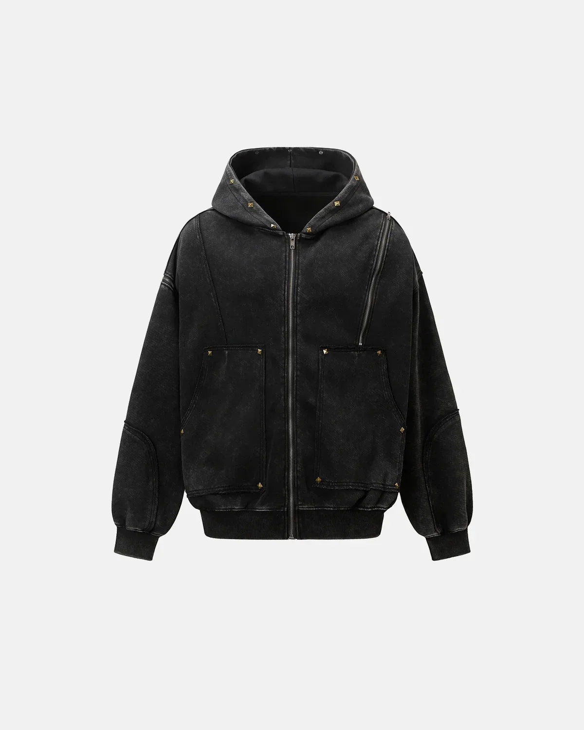Dirty Washed Studded Boxy Zip Up Hoodie