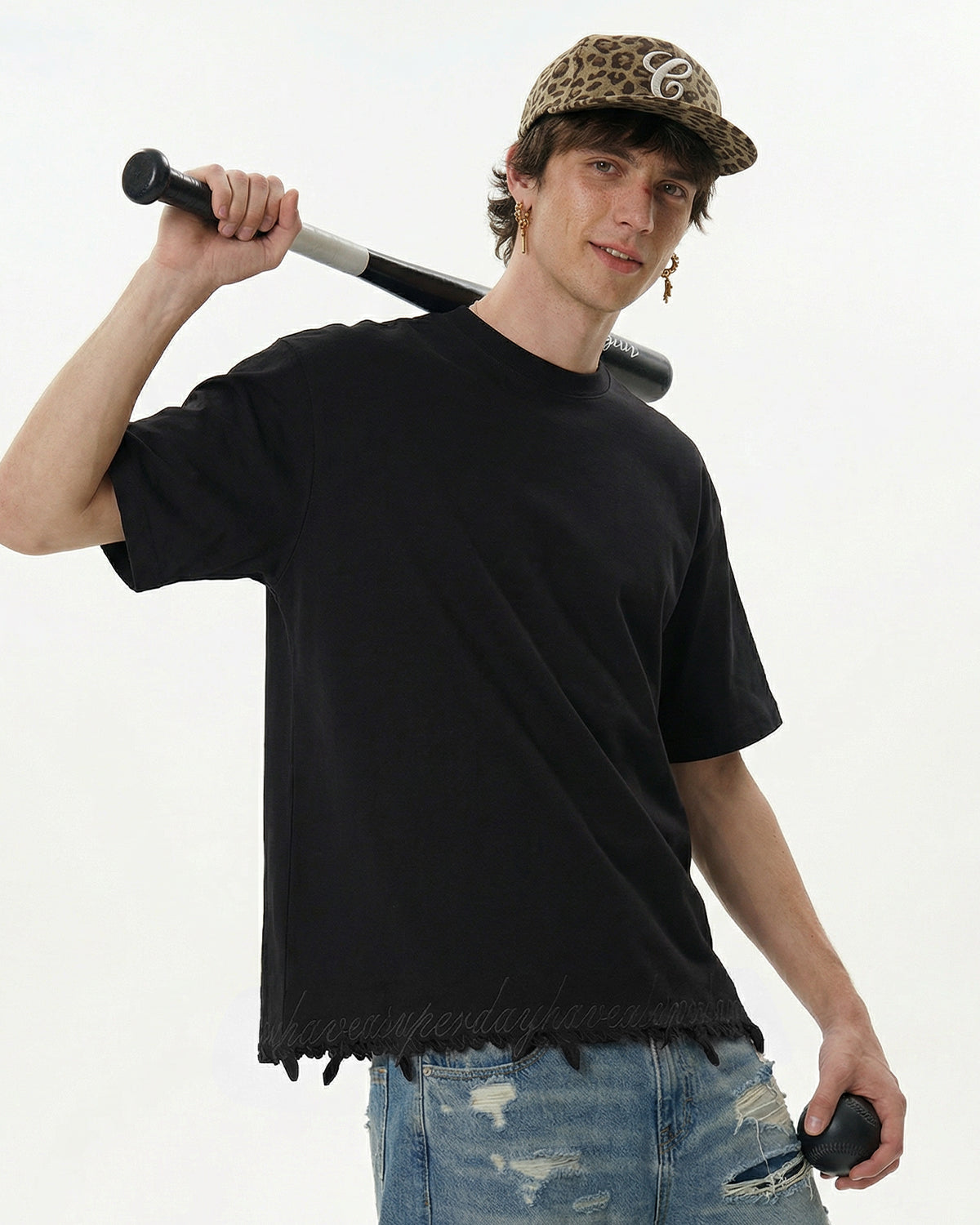 Embroidered Frayed Hem Oversized T-Shirt