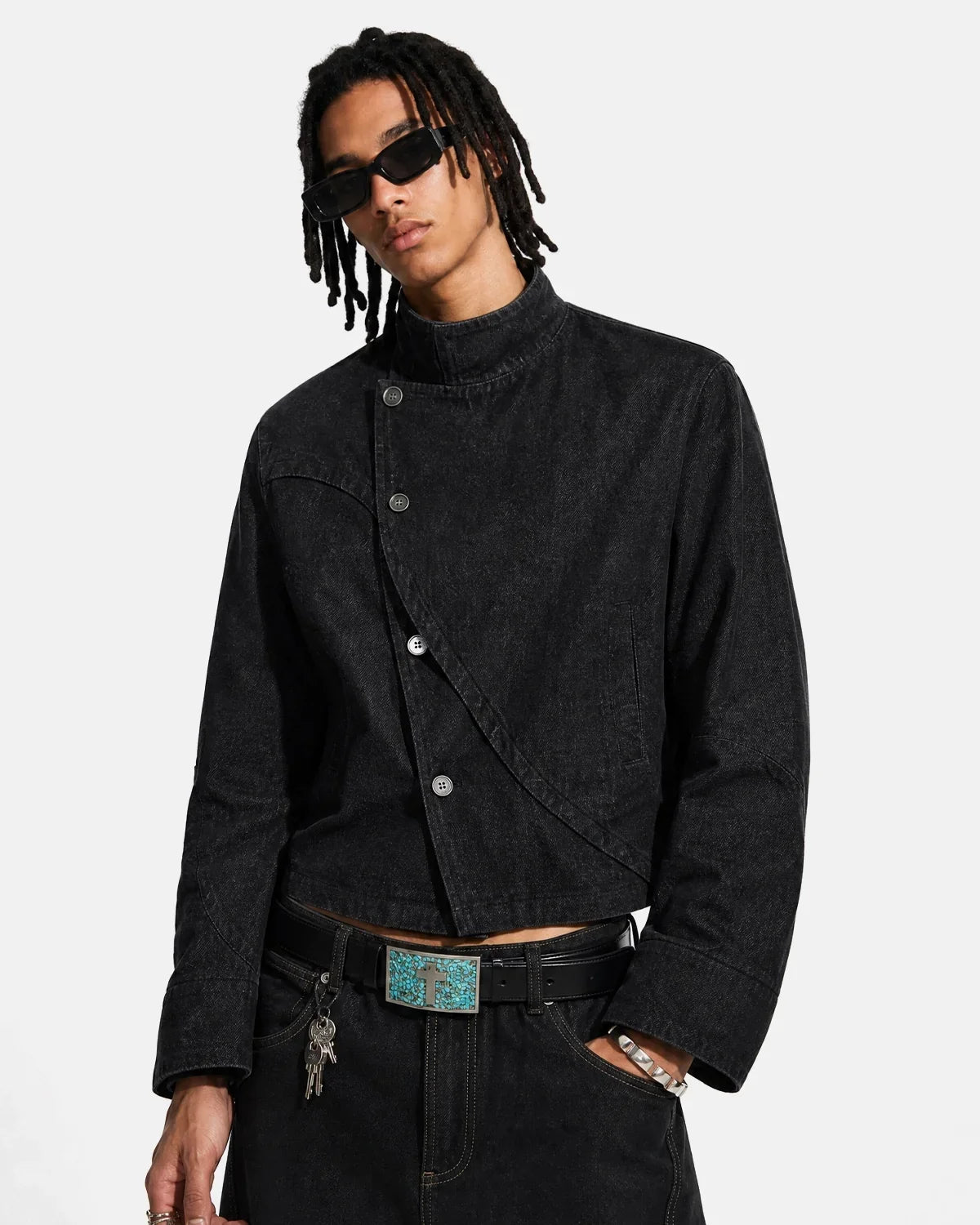 Cropped Asymmetric Button Denim Jacket