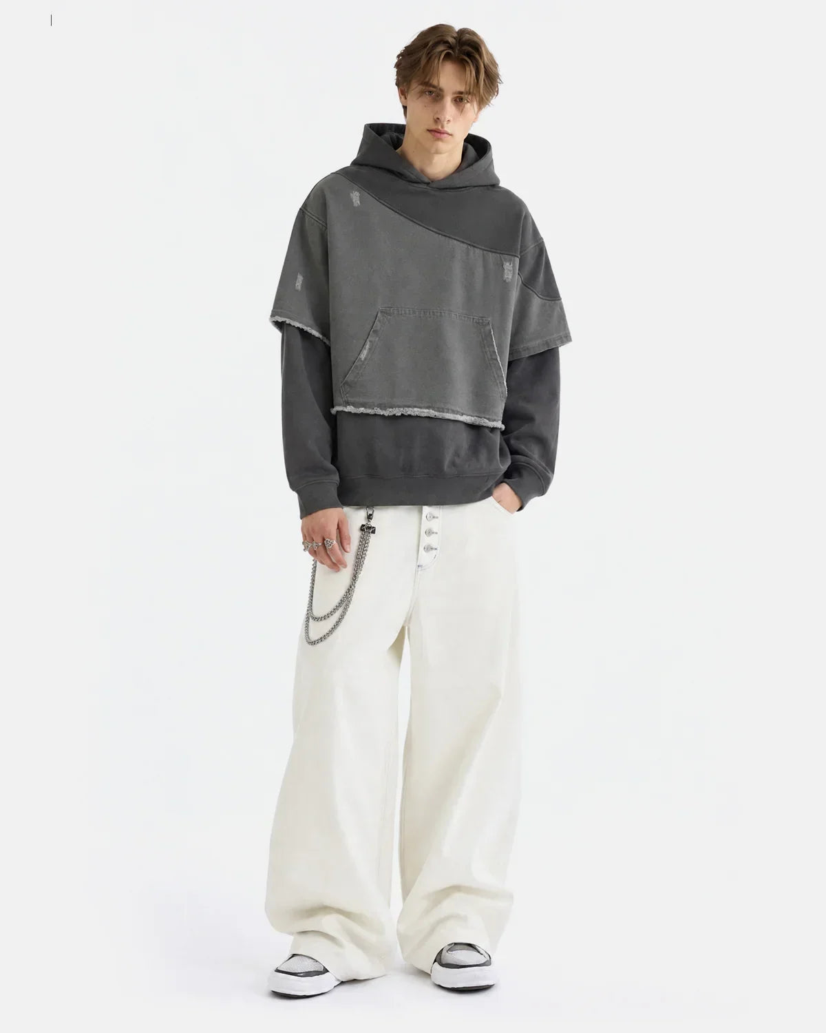 Washed Layered Raw Edge Boxy Hoodie