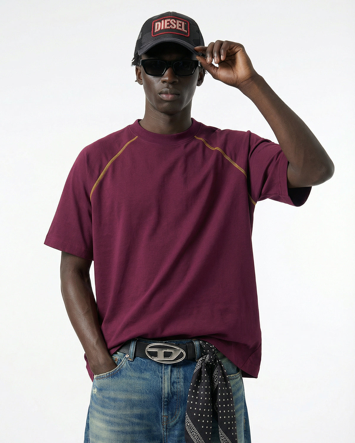 Contrast Color Stiching Stretch T-shirt