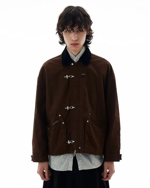 Fireman Buckle Worker Zip Up Jacket - Brown / M