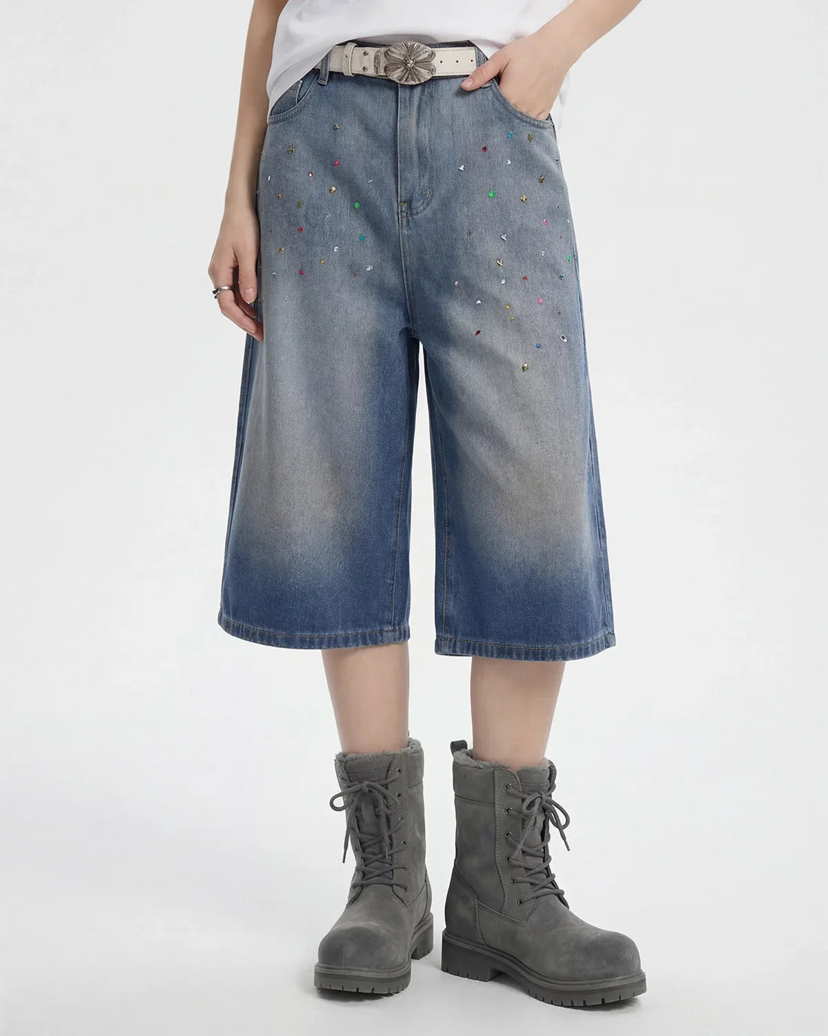 Rhinestone Washed Denim Baggy Jorts
