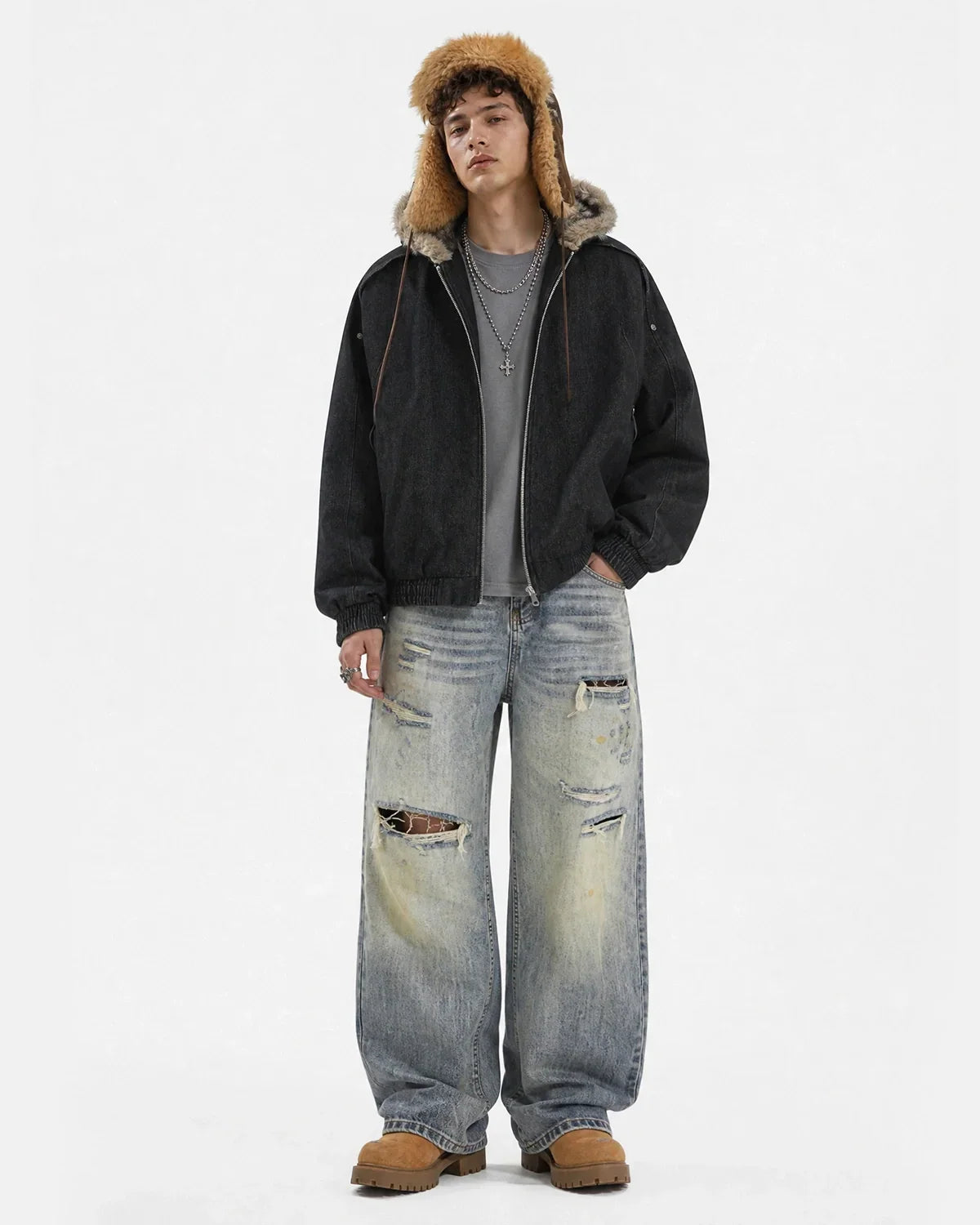 Faux Fur Hooded Padded Denim Jacket