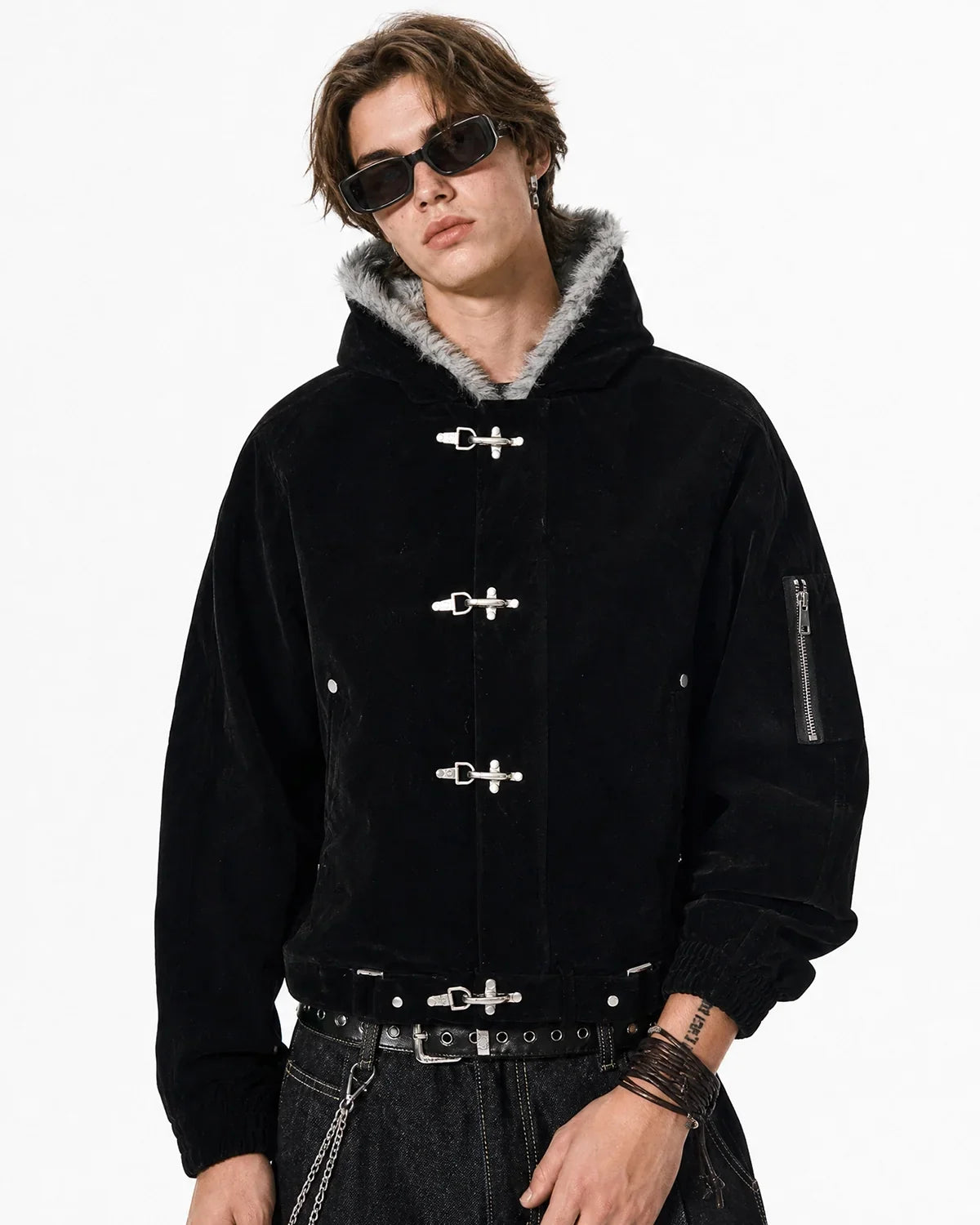 Faux Fur Lined Clasp Bomber Jacket