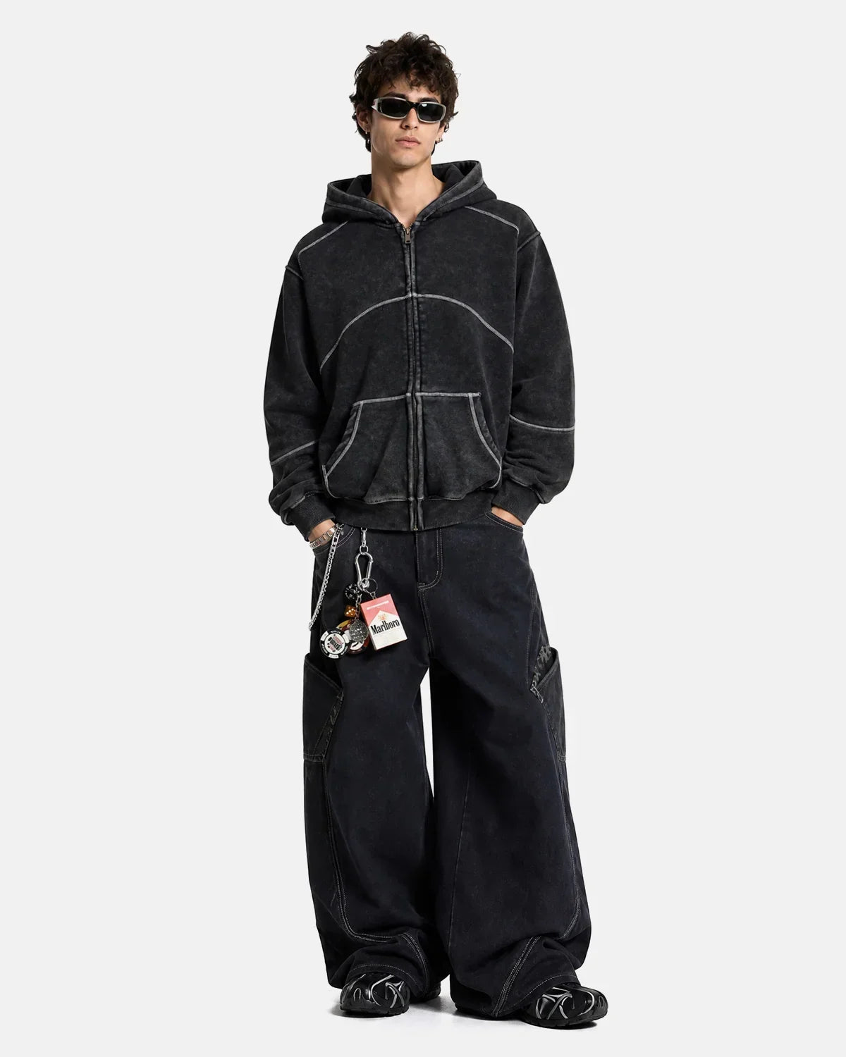 Contrast Stitch Boxy Zip Up Hoodie