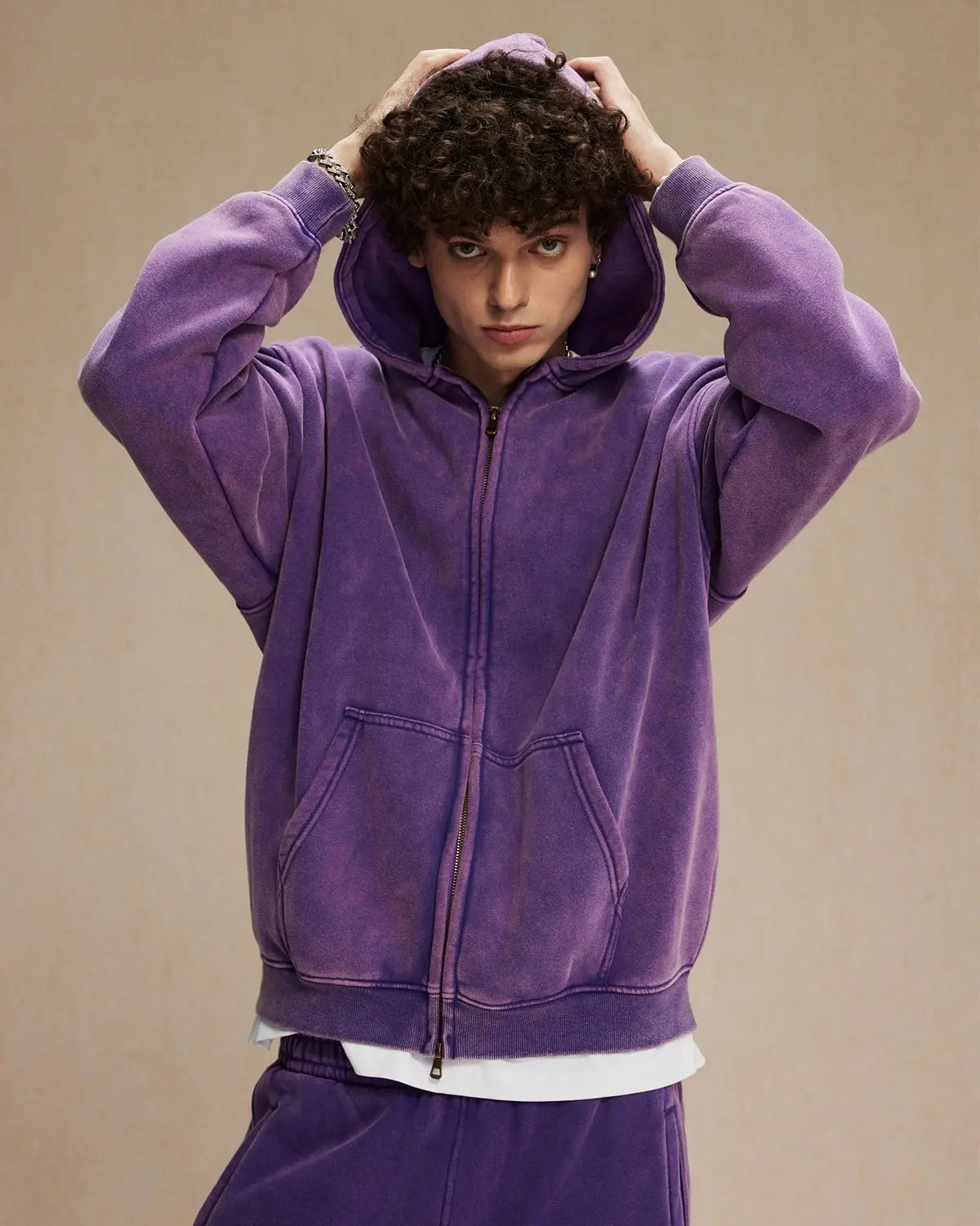 Washed Distressed Fleece Zip Up Hoodies