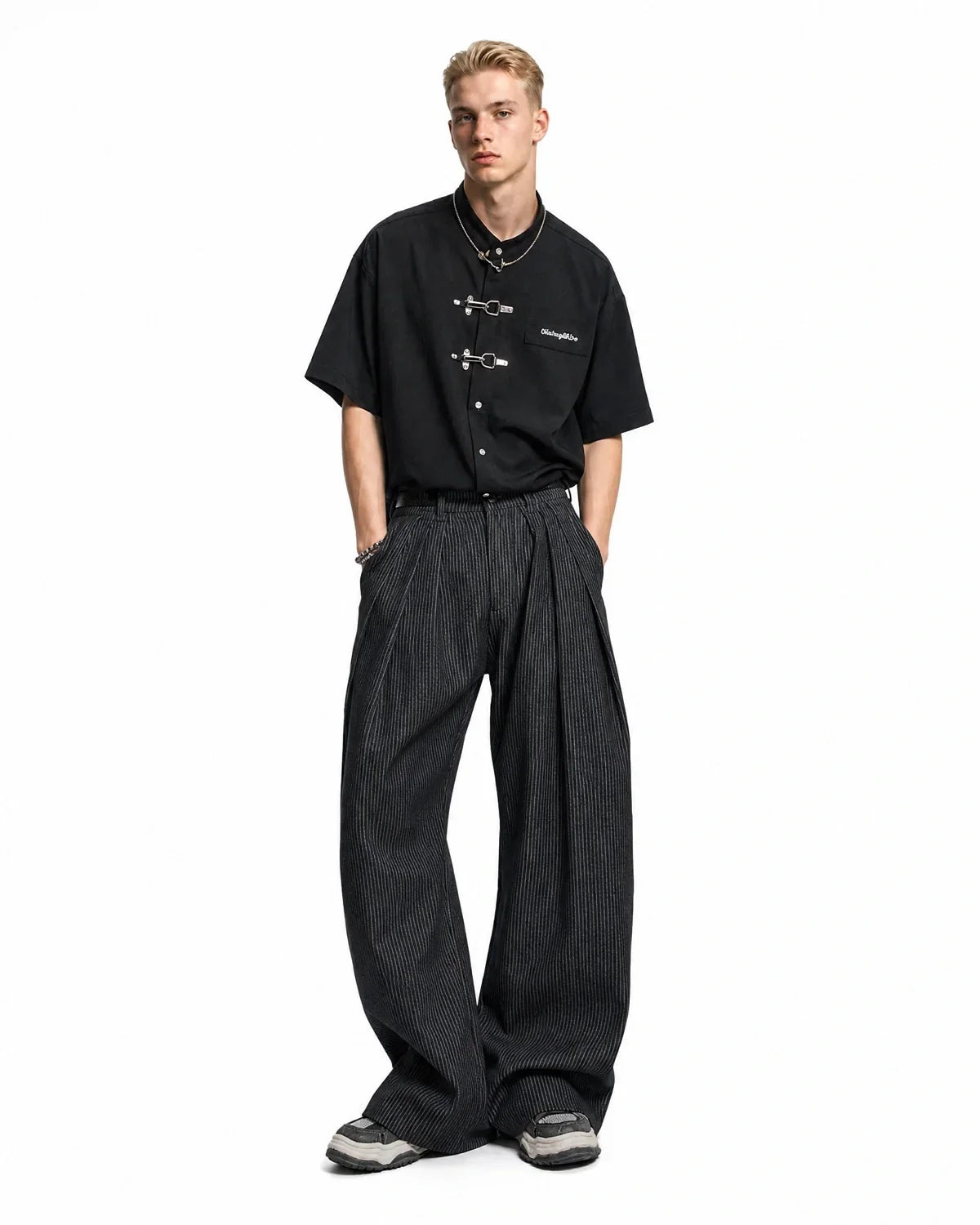 Vintage Pinstripe Pleated Barrel Jeans